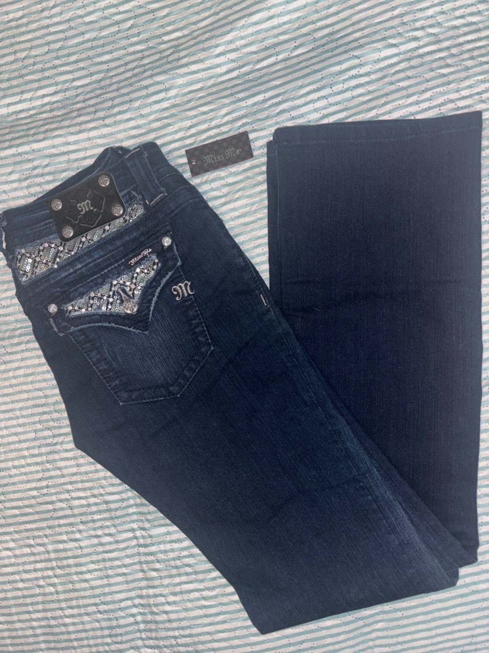 Miss Me Dark Blue Bootcut Jeans with Embellished Back Pocket